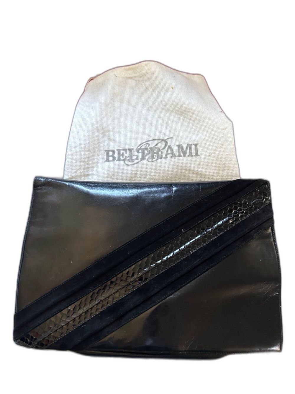 Vintage Beltrami Italy Black Leather Mixed Media Snakeskin Suede Clutch Dustbag